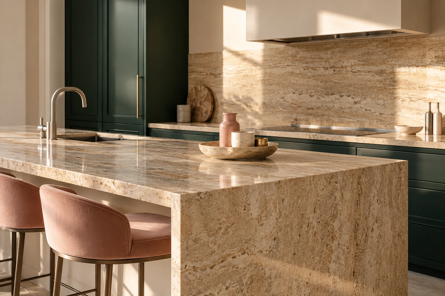 Illustrative kitchen interior with warm finishes and a clean island
