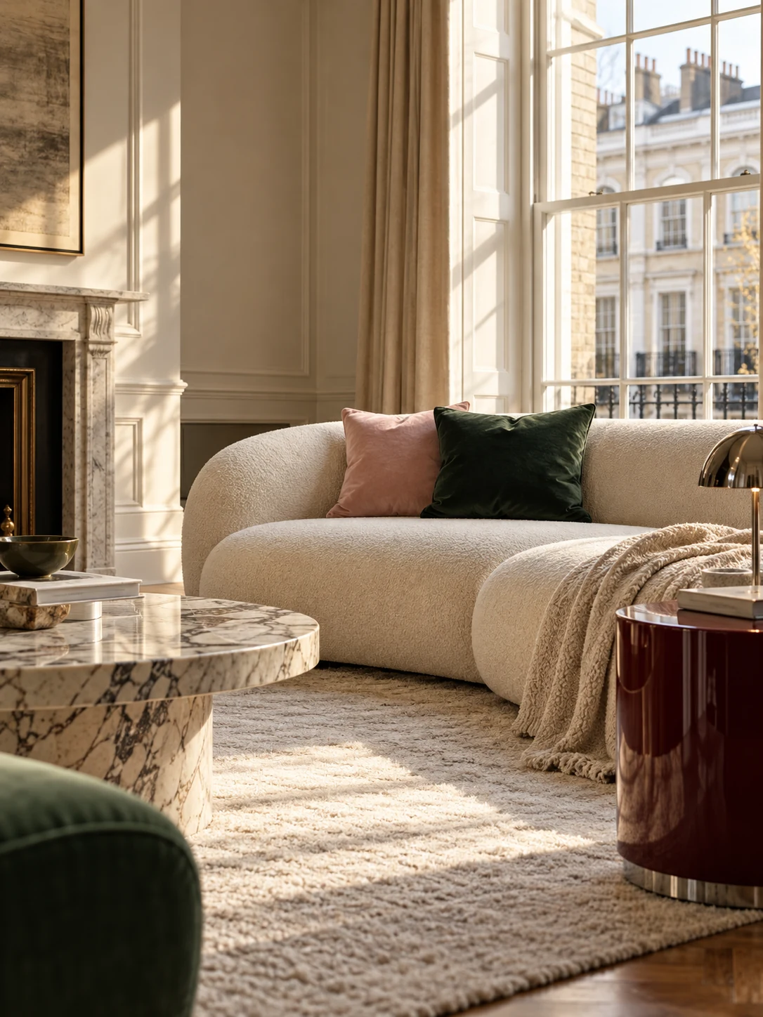 Sunlit cream living room with a blush pink cushion and a beautifully styled coffee table